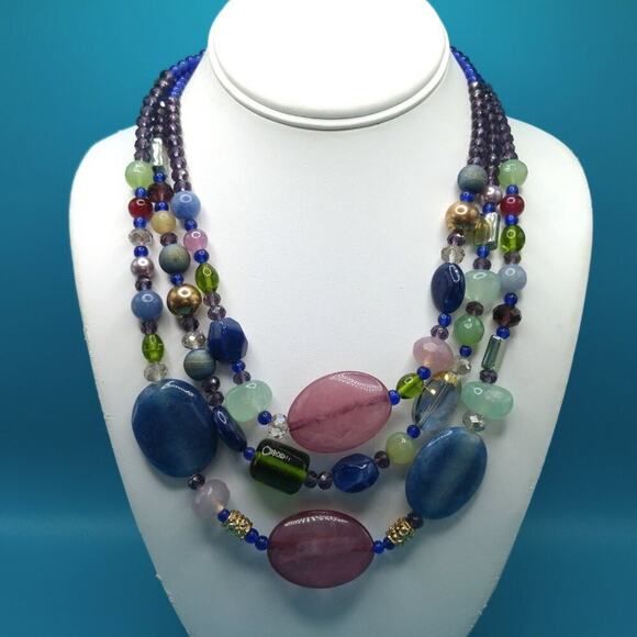 Chico’s Three Strand Gemstone Glass Beaded Necklace Blue Green Purple 22” - Picture 2 of 10
